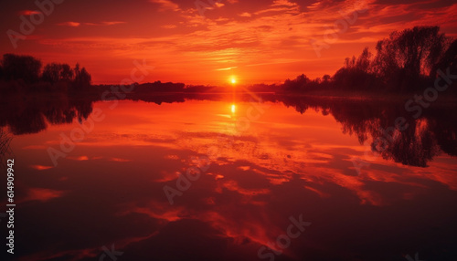 The vibrant sunset over the tranquil pond was heaven on earth generated by AI