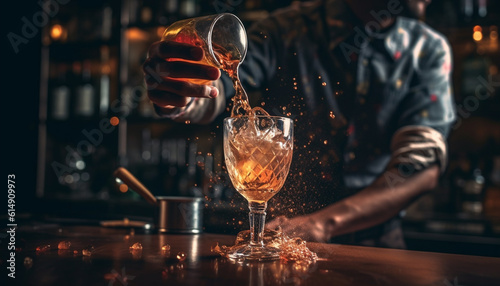 A bartender pours a fresh whiskey cocktail for one happy man generated by AI photo