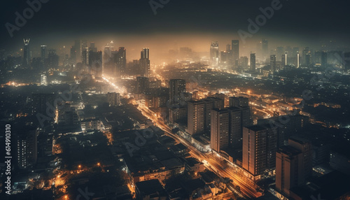The illuminated city skyline glows at dusk  a modern landscape generated by AI