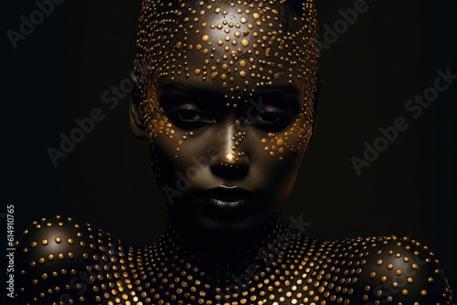 Beautiful portrait of dark skinned woman with golden make up AI