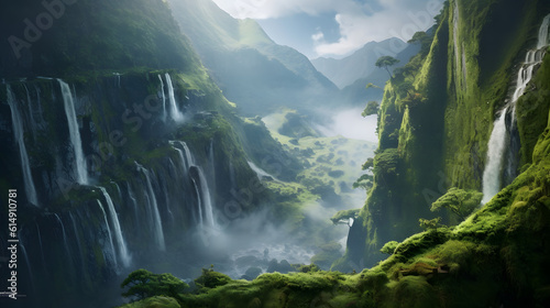 Cachoeira majest  tica caindo sobre exuberante monte verde