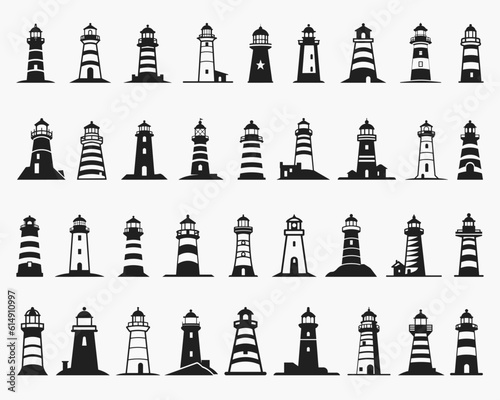 Lighthouse silhouette icons set logo black beacon light ocean sea light house nautical marine silhouettes vector illustration