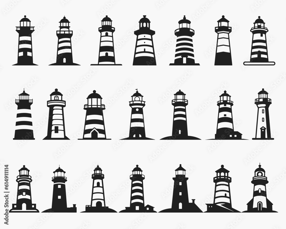 Lighthouse silhouette icons set logo black beacon light ocean sea light