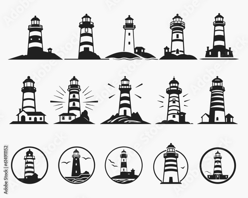 Lighthouse silhouette icons set logo black beacon light ocean sea light house nautical marine silhouettes vector illustration