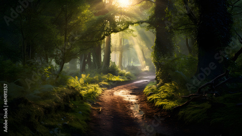 Caminho pacífico através de uma floresta densa