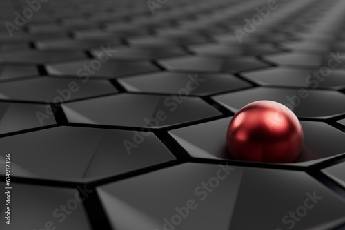 Abstract Close Up 3D Rendered Black Hexagon Tiles with Single Red Sphere Background
