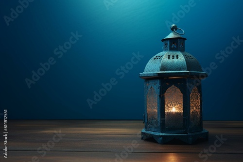 Islamic lantern on blue wood. Perfect for product display, invitations or backgrounds. Eid Mubarak focused. Generative AI