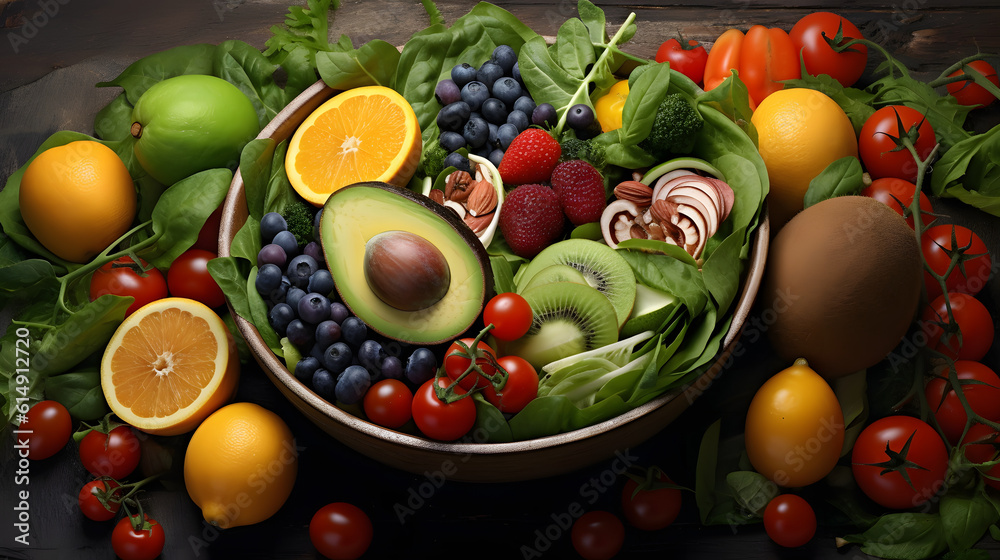 Salada colorida cheia de frutas e vegetais - obrazy, fototapety, plakaty 