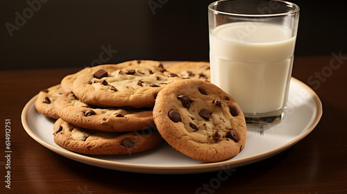 Prato com biscoitos com gotas de chocolate e copo de leite