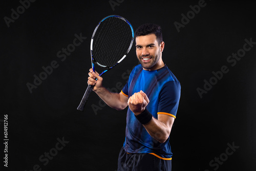 Tennis player banner on the black background. Tennis template for ads with copy space. Mockup for betting advertisement. Sports betting on tenis © Mike Orlov
