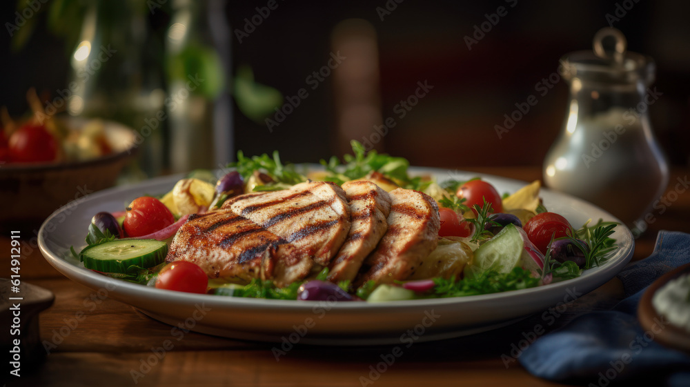 Grilled chicken fillet and greek salad. Generative AI Grilled chicken fillet and greek salad. Generative AI