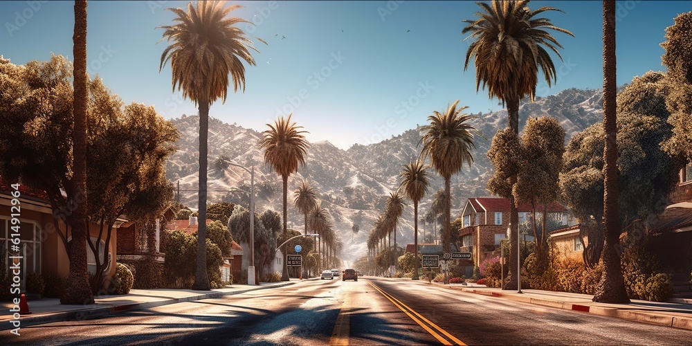 Obraz premium Road summer california with palm bright light. Generative Ai