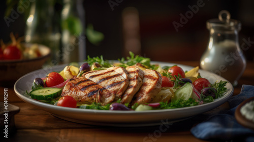 Grilled chicken fillet and greek salad. Generative AI