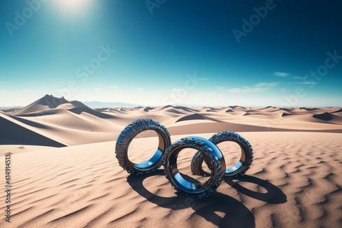 Futuristic, abstract desert landscape with shiny metallic rings reflects under a bright blue sky. Generative AI