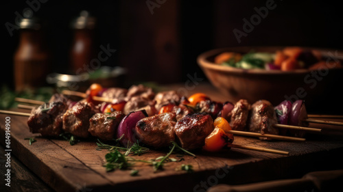 Grilled meat skewers  shish kebab with vegetables on wooden board. Good food. Delicious food. Generative AI