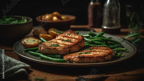 Grilled pork loin steaks with green beans and fried potatoes on wooden table. Generative AI
