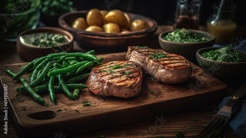 Grilled pork loin steaks with green beans and fried potatoes on wooden table.  Generative AI