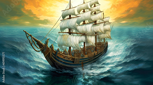 Painting of large sailing ship on a blue sea with a beautiful sunset in the background - AI Generative