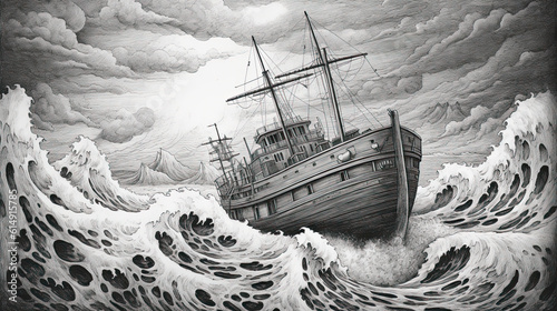 Drawing of old fishing ship amidst the waves on the high seas - Generative AI
