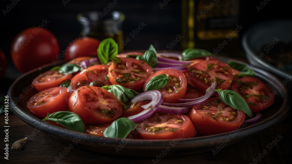 healthy tomato salad with onion basil olive oil and balsamic vinegar. Generative AI healthy tomato salad with onion basil olive oil and balsamic vinegar. Generative AI