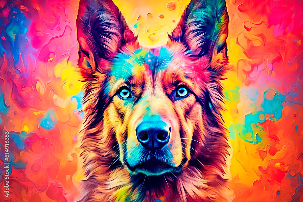 Painting of a German Shepherd in bright fluorescent colors - Generative AI 