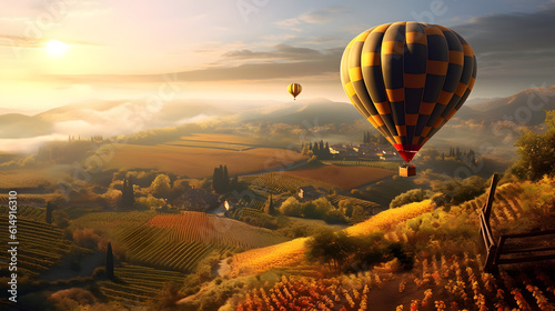 Balão de ar quente voando sobre uma paisagem nas montanhas photo