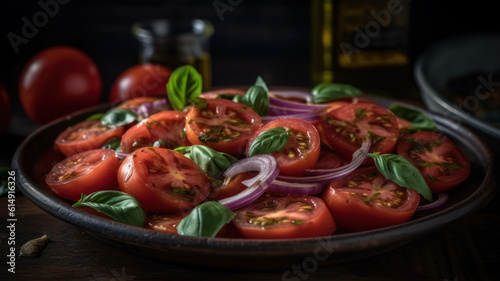 healthy tomato salad with onion basil olive oil and balsamic vinegar. Generative AI