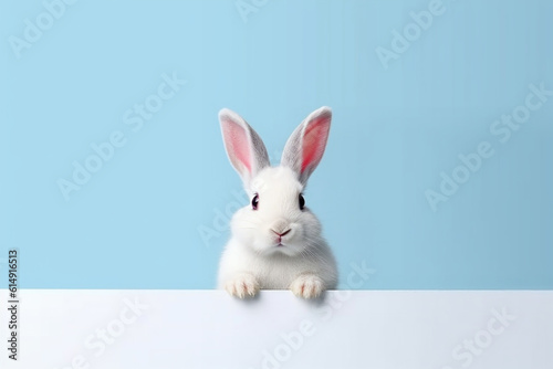 white rabbit on blue background. Generative AI