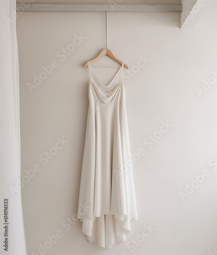 Beautiful white bridal dress on hanger.