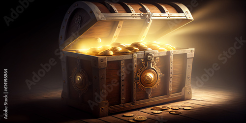 Ajar vintage magical pirate chest with gold coins, bright rays of light fall on the coins in the chest in the dark. Generative AI