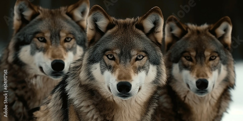 Portrait of a wolf against the background of other wolves, close-up. Generative AI