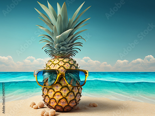 Pineapple in sunglasses and on the sea beach, close-up. Generative AI