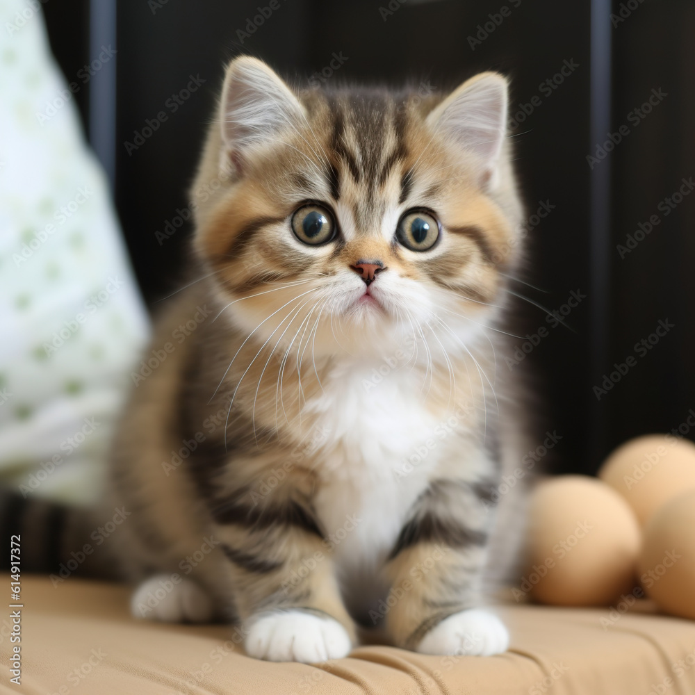 Funny fluffy kitten with big gray-brown eyes. A kitten with gray-brown eyes. Cute cat face close up shot from top angle. Realistic 3D illustration. Generative AI