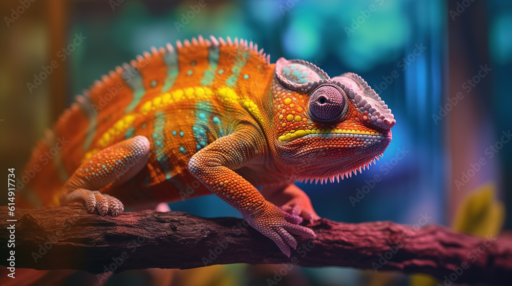 Fototapeta premium Close up portrait of colorful vibrant chameleon on tree branch