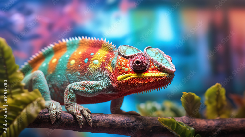 Fototapeta premium Close up portrait of colorful vibrant chameleon on tree branch