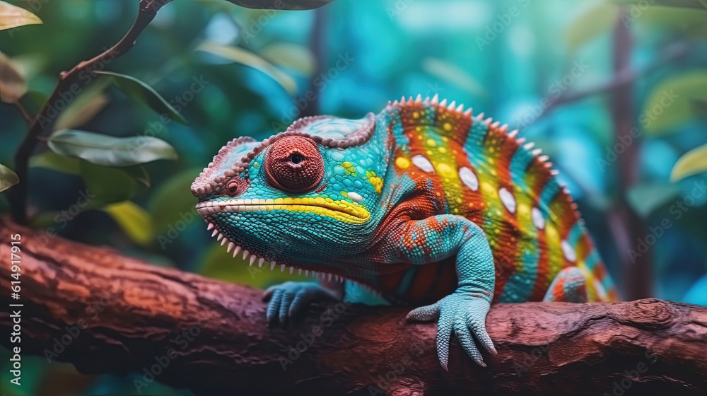 Fototapeta premium Close up portrait of colorful vibrant chameleon on tree branch