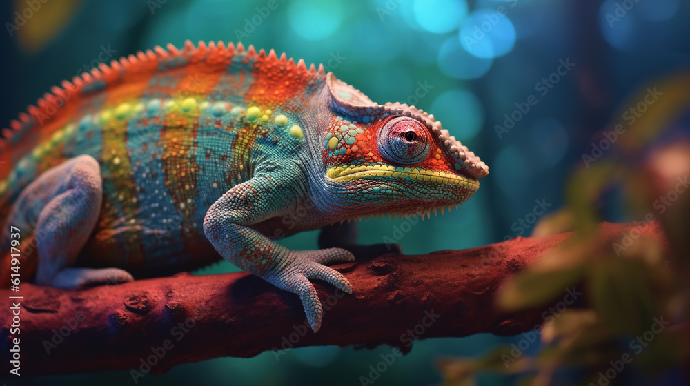 Fototapeta premium Close up portrait of colorful vibrant chameleon on tree branch