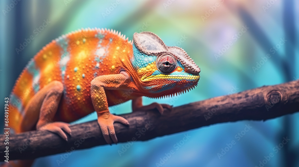 Obraz premium Close up portrait of colorful vibrant chameleon on tree branch