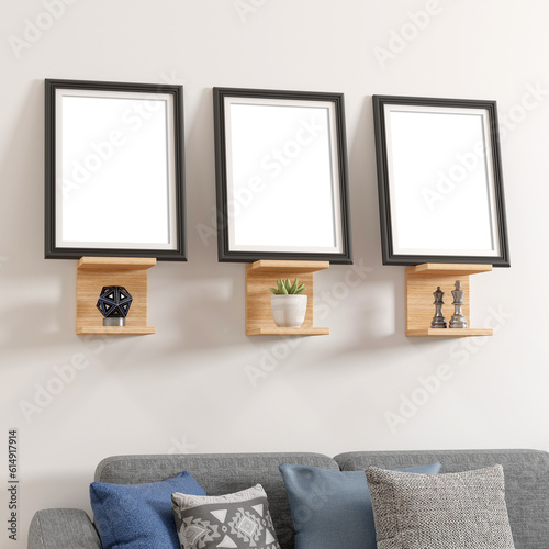 render of a living room with three C type wooden shelves with decor and 3 large frames, sofa and plant, king and queen chees pieces photo