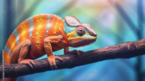 Close up portrait of colorful vibrant chameleon on tree branch