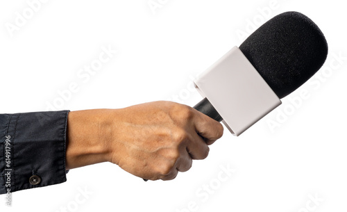 Hand Holding Microphone for Interview Isolated on white png file.