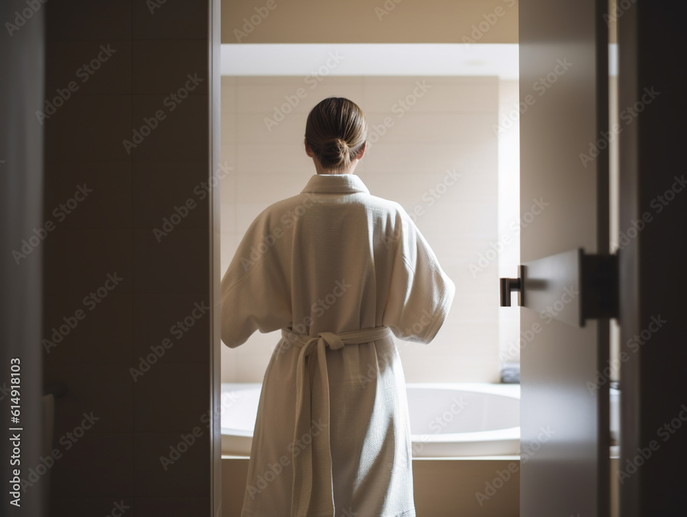 Woman in bathroom and wearing bathrobe, rear view.