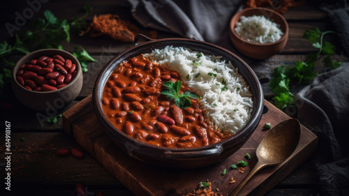 Rajma masala Red Kidney beans curry served with Basmati rice close-up on a wooden tray on the table. Vertical top view from above. Generative AI