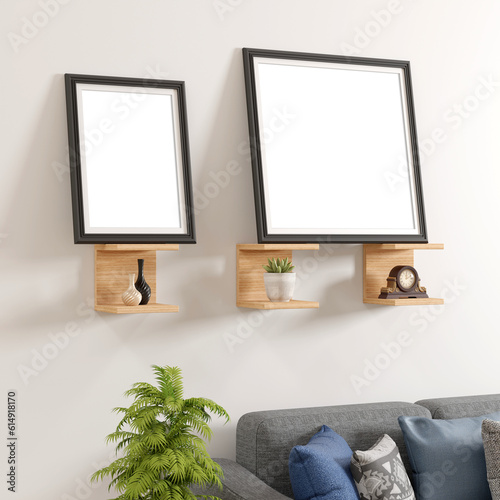 3d render of a living room with three C type wooden shelves with decor and two large photo frames, sofa and plant photo