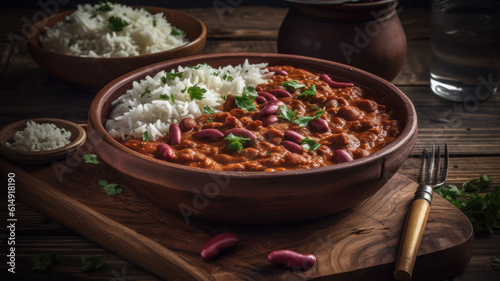 Rajma masala Red Kidney beans curry served with Basmati rice close-up on a wooden tray on the table. Vertical top view from above. Generative AI