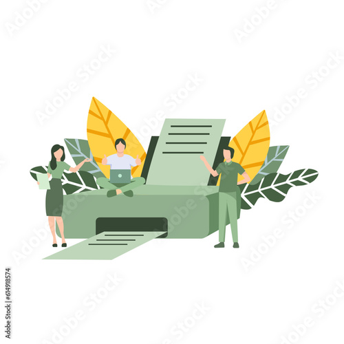 Vector illustration of digital printing concept, online document printing,a flat design on a white background, multifunction printer scanner, printing, people print documents vector