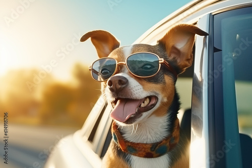 Photo of a dog enjoying a car ride with sunglasses on © Nedrofly