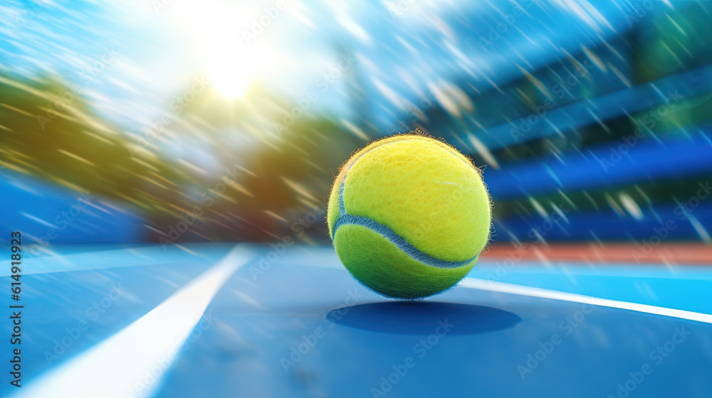 Flying tennis ball on a blue court