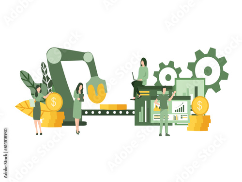Vector illustration of project investment concept, financial transactions, Banking and money transfers,automation of money production concept, realtime investment monitoring dashboard, flat design