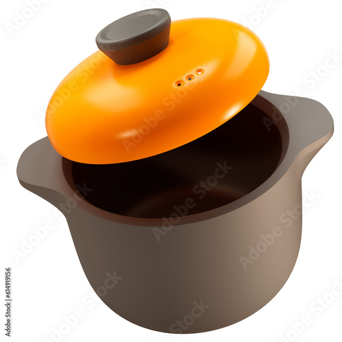 Black ceramic cooking pot with orange lid. Casserole 3D render on a transparent background